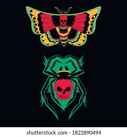 butterfly and spider with skull pattern, vector illustration