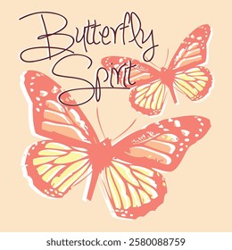 Butterfly Spirit slogan with flaying butterflies, Butterfly with flower artwork for t-shirt print, Colorful butterfly vector stock, Flat butterflies flying, Two Butterflies flying together colored