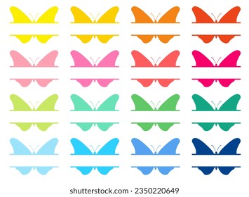 Butterfly split monogram frame colorful set. Clipart image isolated on white background