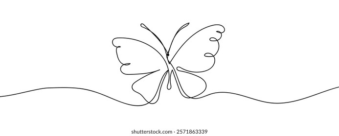 Butterfly spreads its wings, line art, vector on transparent background.