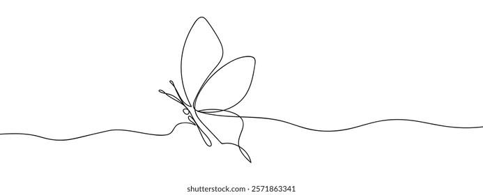 Butterfly spreads its wings, line art, vector on transparent background.