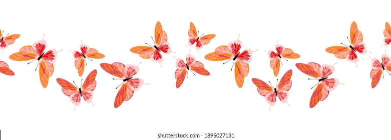 Butterfly springtime border seamless pattern, banner, background