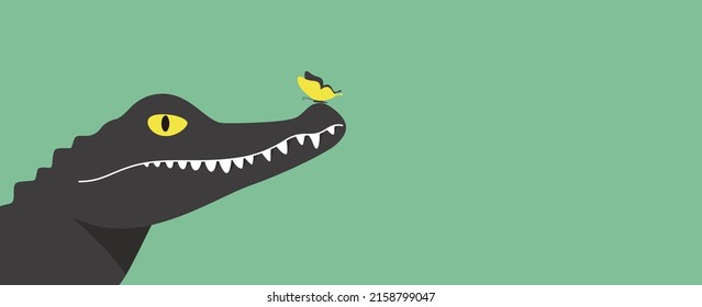 The butterfly stands on the crocodile's nose, vector illustration