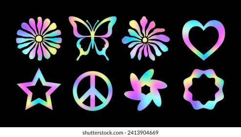 Butterfly, star, heart, flower, pease sign, abstraction with holographic effect. Set of rainbow elements for graphic design. 