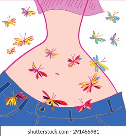 Butterfly in stomach - concept vector illustration.  Hand drawn woman figure. Pop art girl cartoon silhouette. Yong woman belly. Woman body and butterflies. Eps 10.