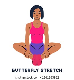 Butterfly stretch. Sport exersice. Silhouettes of woman doing exercise. Workout, training Vector illustration