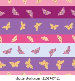 Butterfly strip seamless pattern on pink and purple background. Hand drawn vector illustration.