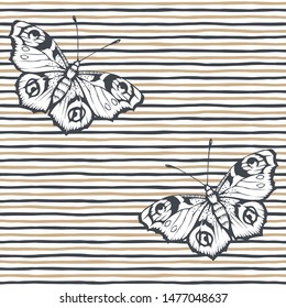 Butterfly and stripes. Vector illustration of seamless pattern. 
