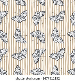 Butterfly and stripes. Vector illustration of seamless pattern. 