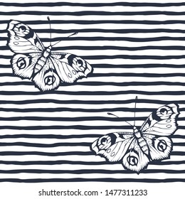 Butterfly and stripes. Vector illustration of seamless pattern. 