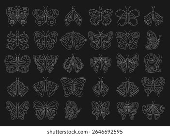 Butterfly stroke outline vector set. light stroke line butterfly vintage. decoration stamp, pattern, line collection. insect elements for logo branding.