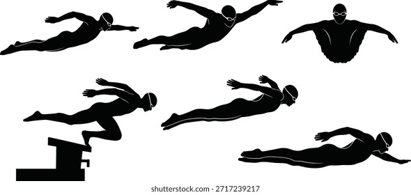 Butterfly stroke swimmer sequence, black silhouette icons, dynamic swim motion graphics, competitive swimming poses, vector athlete illustrations, minimal sport design