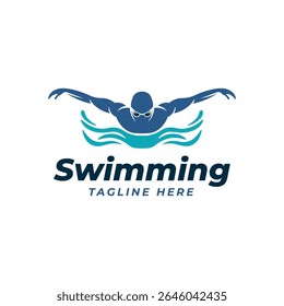 Butterfly Stroke Swimming Logo - Blue Silhouette of Swimmer Over Water Waves