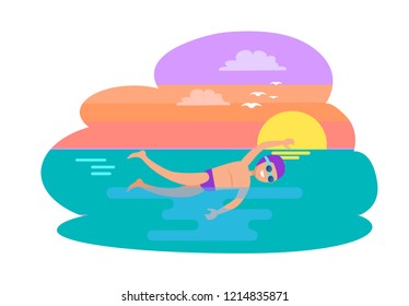 Butterfly stroke swimming style. Man practicing in evening, sunset on sea. Professional experienced swimmer exercising, seagull flying in sky vector