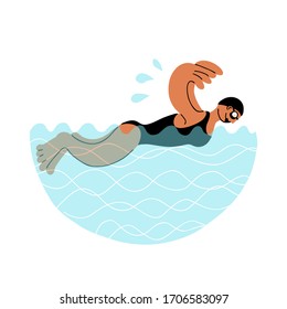 Butterfly style swimming woman. Hand drawn vector cartoon illustration. Isolated on white background.