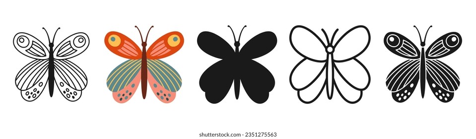 Butterfly stylized retro fantasy set. Mystical bohemian moth symbol insect wings with ornament. Colored, silhouette or symbol, doodle tattoo line ornate celestial moth. Ornate decoration trendy vector