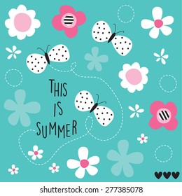 butterfly, summer and flowers vector illustration