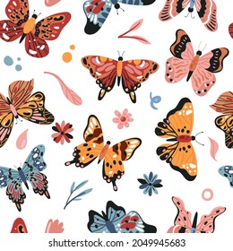 Butterfly, summer leaf and flowers seamless pattern vector illustration. Cartoon hand drawn colorful butterfly with beautiful wings flying in nature meadow, romantic decorative repeat background