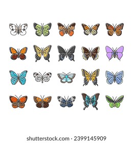 los iconos de los insectos de primavera de verano de mariposa establecen el vector. arte natural, mosca colorida, belleza natural, decoración de belleza, estilo animal, ala mariposa verano primavera insectos ilustraciones de la línea de color