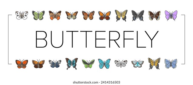 butterfly summer spring insect icons set vector. nature art, fly colorful, natural beautiful, beauty decoration, style animal, wing butterfly summer spring insect color line illustrations