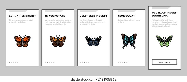 butterfly summer spring insect onboarding mobile vector. nature art, fly colorful, natural beautiful, beauty decoration, style animal, wing butterfly summer spring insect Illustrations
