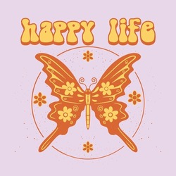 Butterfly Sun Flower With Slogan Happy Life