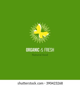Butterfly an sun rayes vector logo for natural organic and fresh food from farm. Ray center?with bio symbol. Healthy product label design. Farm growth eco friendly food. Fresh produce  food logo