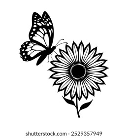 Vector de mariposa y girasol, Clipart de dibujos animados, arte de línea, imprimible para el Vector, pegatinas, proyectos de bricolaje.