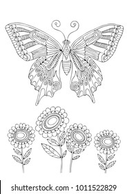 Butterfly and sunflowers. Hand drawn picture. Sketch for anti-stress adult coloring book in zen-tangle style. Vector illustration for coloring page.