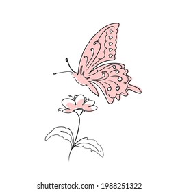 Butterfly Surreal Continuous line and flower.Collect nectar.Stock vector illustration isolated on white background.