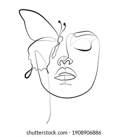 Butterfly Surreal Faces Continuous Line, Drawing Of Set Faces And Hairstyles, Fashion Concept, Woman's Beauty, Minimalist, Pretty Sexy. Yourself Self Care