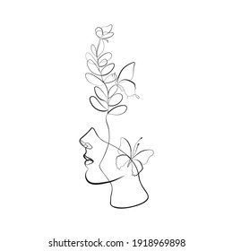 butterfly Surreal Faces Continuous line, drawing of set faces and hairstyle, fashion concept, woman beauty minimalist, vector illustration pretty. Contemporary portrait