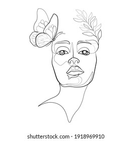 butterfly Surreal Faces Continuous line, drawing of set faces and hairstyle, fashion concept, woman beauty minimalist, vector illustration pretty. Contemporary portrait