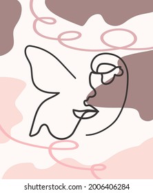 Schmetterling Surreal Faces Kontinuierliche Linie, Gesichter und Frisur, Mode-Konzept, Frau Schönheit minimalistisch, Illustration ziemlich sexy. Zeitgenössisches Porträt