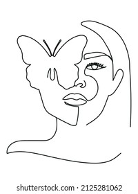 mariposa Surreal Rostros Continuo dibujo de líneas de caras y peinado, concepto de moda, belleza femenina minimalista, ilustración vectorial muy sexy. retrato contemporáneo