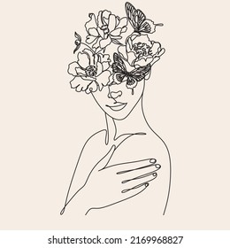 Butterfly Surreal Faces Continuous line, drawing of faces and hairstyles set, fashion concept, minimalist female beauty, vector illustration pretty sexy. Modern portrait