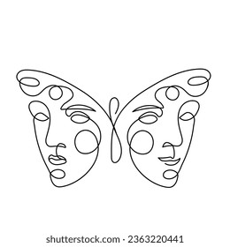 Butterfly surreal faces Continuous line. Abstract One line drawing style.