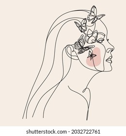 Butterfly Surreal Woman Face  line art.  Abstract face with butterfly one line drawing. Portrat minimalistic style. Fashion concept, woman beauty minimalist, poster with minimal woman face 