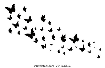 Borboleta enxame ilustração em silhuetas pretas, criando um gracioso elemento de design para vários projetos, incluindo padrões decorativos, fundos, temas da natureza e ativos gráficos elegantes.
