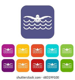 Butterfly swimmer icons set vector illustration in flat style in colors red, blue, green, and other
