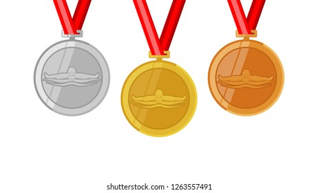 butterfly swimming champion complete shinny medals set gold siver and bronze in flat style