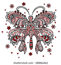 Butterfly with swirling decorative ornament. Black, red, white