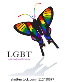 Butterfly, Sylphina Angel (Chorinea Sylphina), rainbow color motif, drop shadows, isolated on a white background, vector, illustration.  Color scheme is derived from the gay rights rainbow flag.