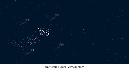 A butterfly symbol filled with dots flies through the stars leaving a trail behind. Four small symbols around. Empty space for text on the right. Vector illustration on dark blue background with stars