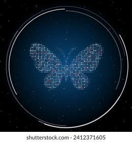 The butterfly symbol filled with white dots. Pointillism style. Some dots is red. Vector illustration on blue background with stars