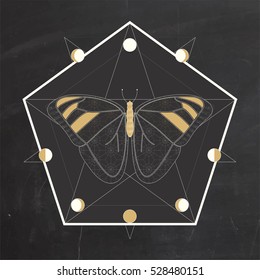Butterfly as a symbol of rebirth and transformation. Moon phases sacred geometry mandala on blackboard.