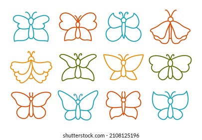 Butterfly symbol set. Elegant exotic icon butterflies and moths stencil drawing child illustration. Abstract stylized tropical insect, contour wings. Wildlife childrens hand drawn doodle design vector