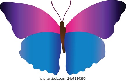 a butterfly with symmetrical wings. The left wing is adorned in shades of blue, while the right wing displays hues of purple