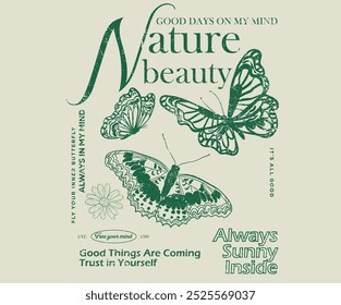 Diseño de impresión trasera de camiseta mariposa. Obra de arte de la naturaleza de la belleza. Mariposa con diseño de impresión de flores para camiseta, diseño de club de amor propio. Buenos días en mi mente. Vuela tu mariposa interior.