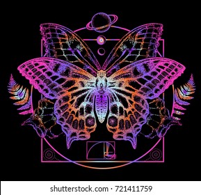Butterfly tattoo art. Symbol of magic, renaissance, esoterics, travel, soul 